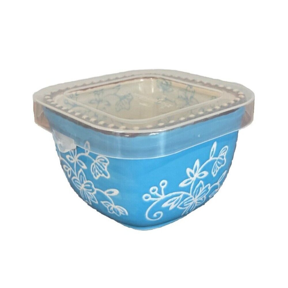 Temptations Blue Floral Lace square ramekin Square Teal Plastic Lid Small Bowl